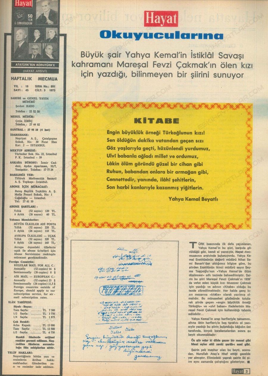 0147-yahya-kemal-beyatli-kitabe-adli-siiri-maresal-fevzi-cakmak-savasta-olen-kizi-1973-hayat-dergisi-okuyucularina